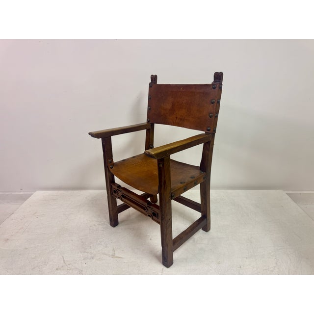 Vintage Spanish Walnut and Leather Armchair, 1950s For Sale - Image 6 of 16