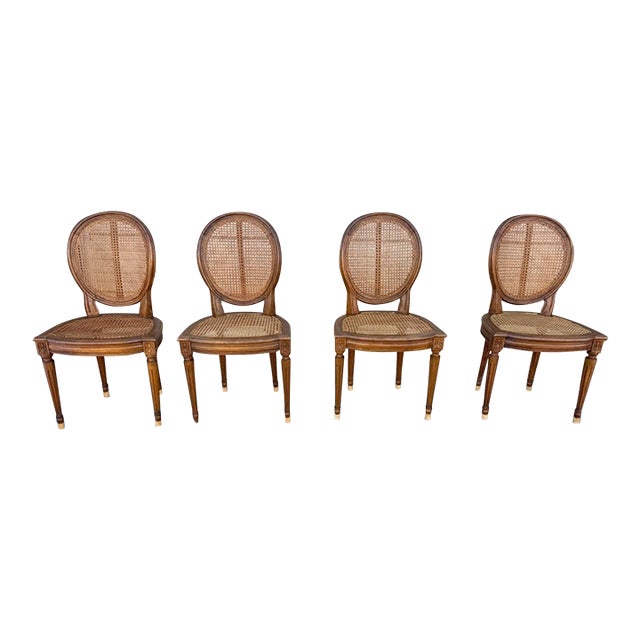 Early 20th Century Set of 4 Vintage Louis XVI Style Cane Back & Seat Dining Chairs For Sale