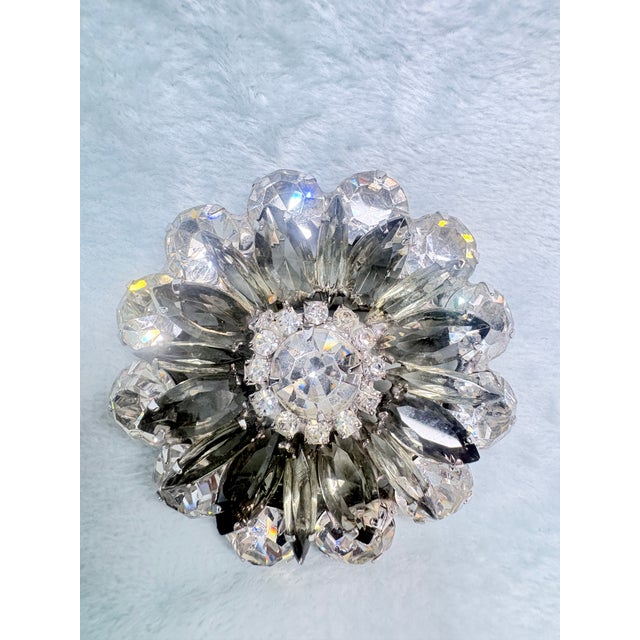 Dramatic vintage DeLizza & Elster (Juliana) brooch and earring set featuring smoky black diamond navette rhinestones,...