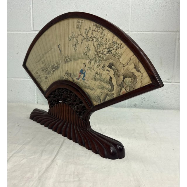 Antique Early 1800's Chinese Qing Dynasty Hand Painted Hand Fan Carved Wood Base For Sale - Image 16 of 18