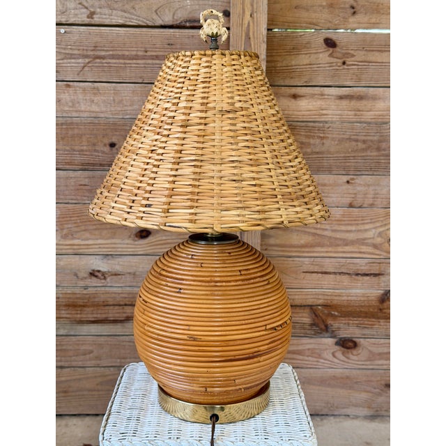 Gabriella Crespi Vintage Pencil Rattan Table Lamp With Crab Finial & Woven Shade For Sale - Image 4 of 12