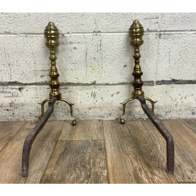 Vintage Queen Anne Style Brass and Iron Andirons With Ball Feet For Sale - Image 10 of 10