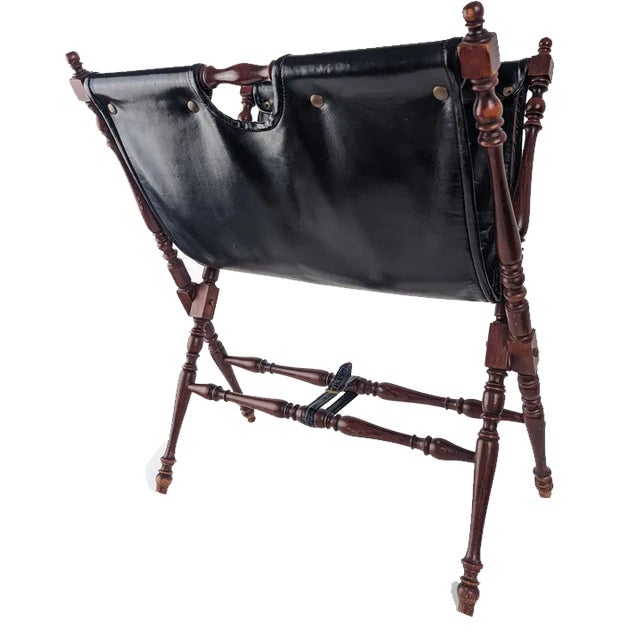 Black Leather And Turned Wood Folding Magazine Rack, 1930s For Sale