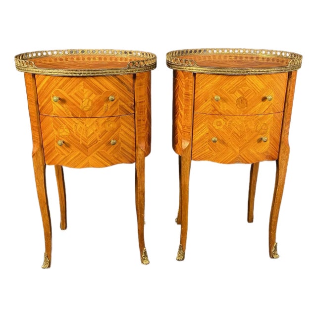 French Louis XV Marquetry Inlaid Vintage Night Stands -a Pair For Sale