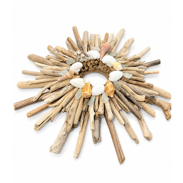Coastal Driftwood Sunburst Wall Wreath With Seashells & Sea Glass, 21” For Sale - Image 10 of 12