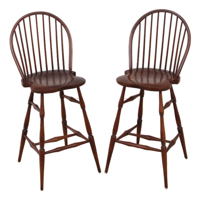Pair Robert Bergelin Windsor Style Cherry Counter Chairs For Sale
