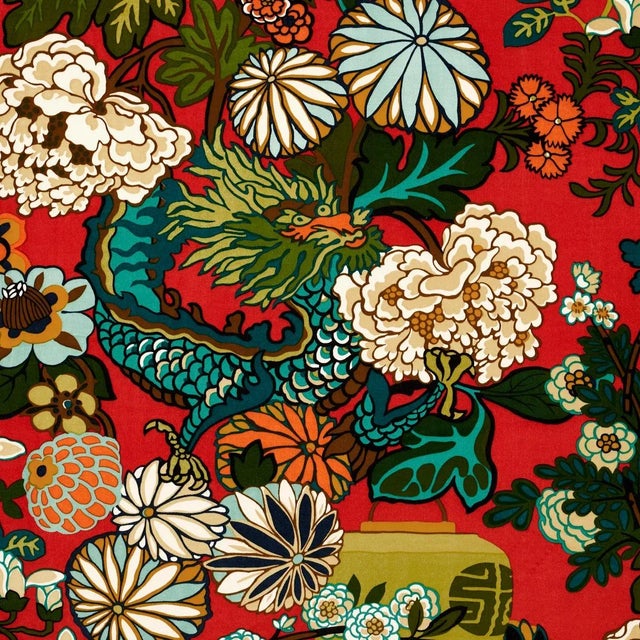 Schumacher Chiang Mai Dragon Velvet Fabric in Laquer For Sale