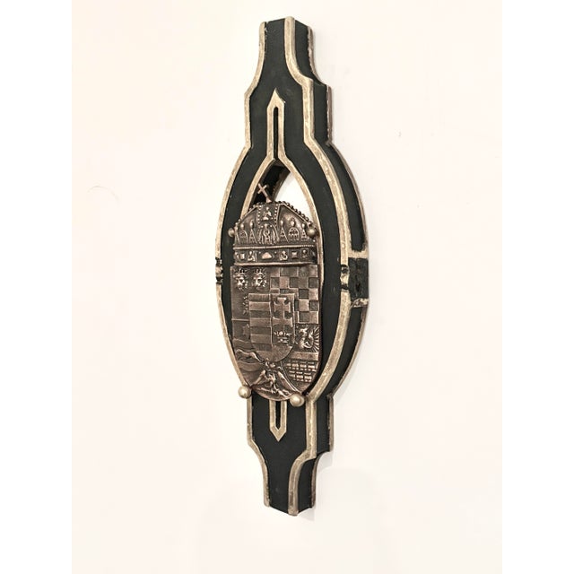Transitional Vintage Historic Hungarian Coat of Arms Wall Plaque on a Black Antique Wooden Frame in Gold Trim For Sale - Image 3 of 4