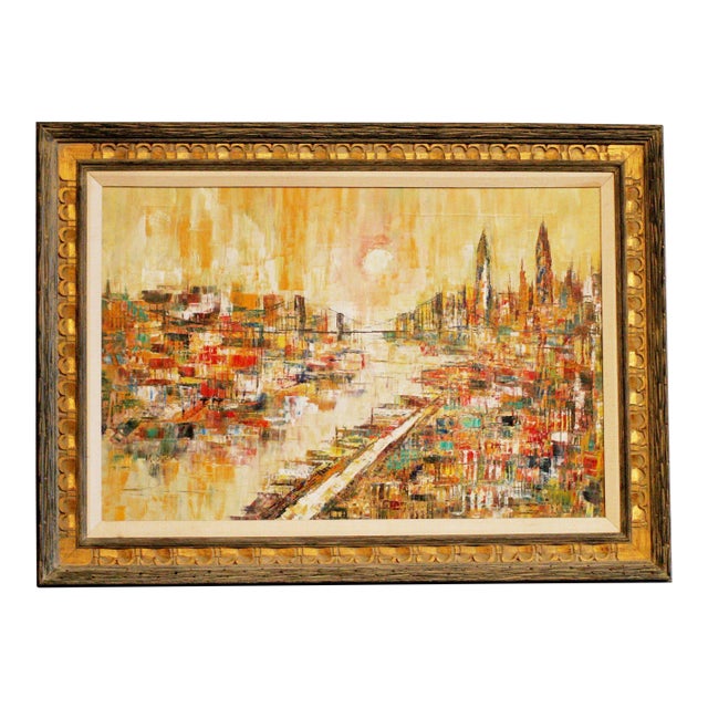 Mid-Century Modern Oil on Canvas Cityscape by M. Dick For Sale