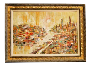 Mid-Century Modern Oil on Canvas Cityscape by M. Dick