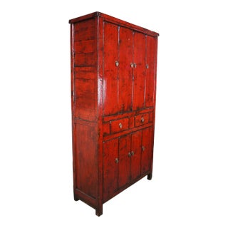 Antique 19th C. Chinese Red Lacquer Elm Armoire Wardrobe Linen Press For Sale