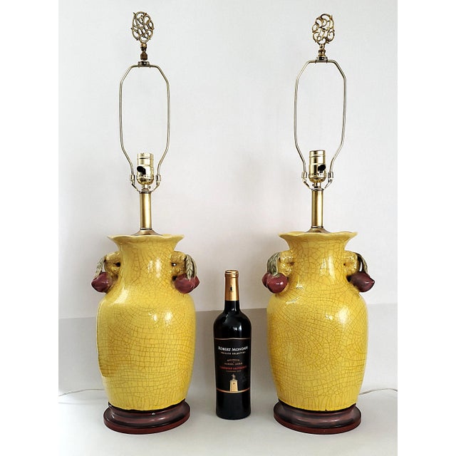 Modern Lamps Chinese Crackled Yellow Pomegranate Pair For Sale - Image 3 of 14