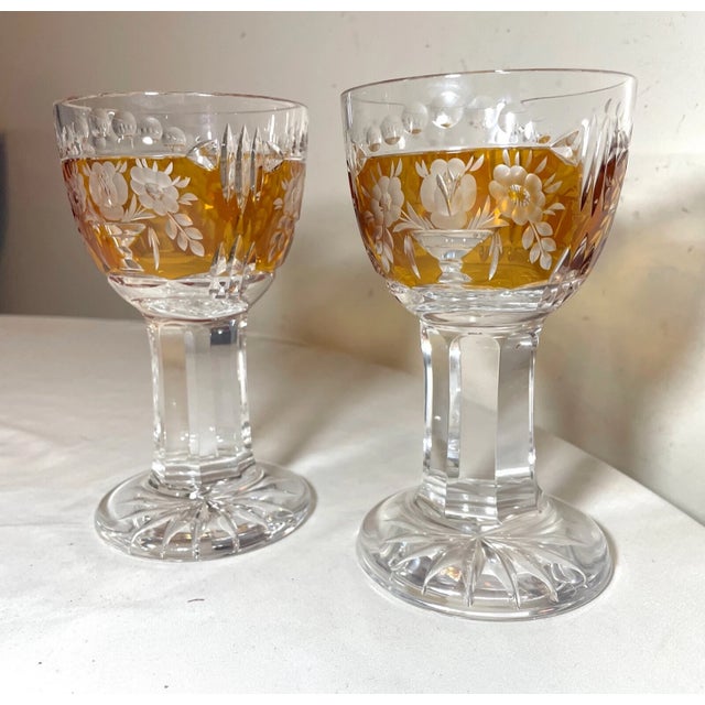 Boho Chic 1950s Rare Pair Hand Cut to Clear Thick Stem Crystal Orange Glass Wine Goblet Glasses For Sale - Image 3 of 12