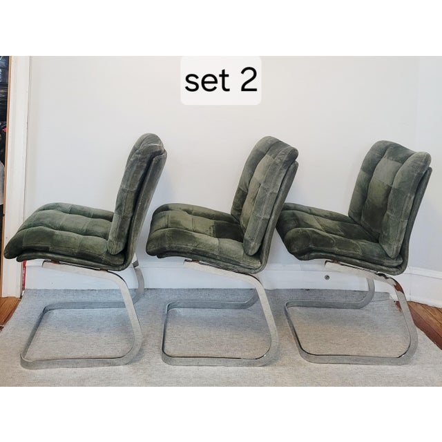 1970s Suede and Chrome Cantilever Dining Chairs in Moss Green Attributed to Roche Bobois-Set of 6 For Sale - Image 9 of 17