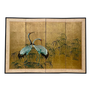 Early 20th Century Japanese Four-Fold Byobu Screen With Cranes and Young Bamboo