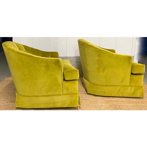 The color is just beautiful! This pair of mid century signed Drexel Heritage chartreuse velvet swivel chairs came out of a...