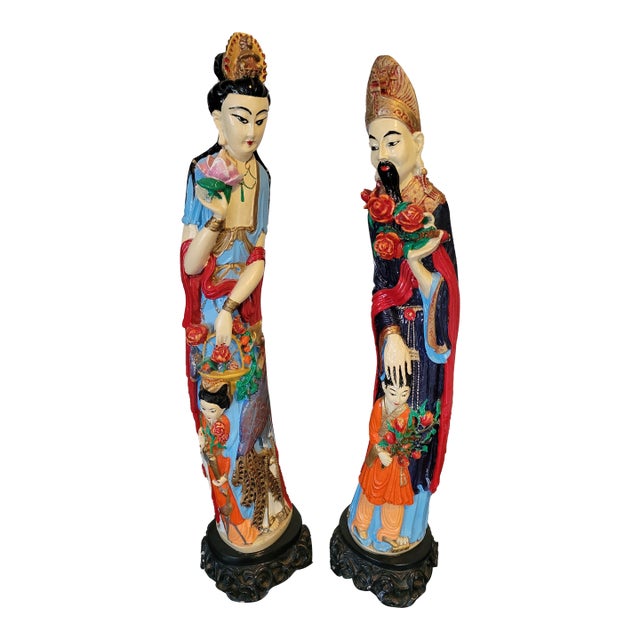 Pair of Asian Hand Painted Emperor and Empress Figurines For Sale