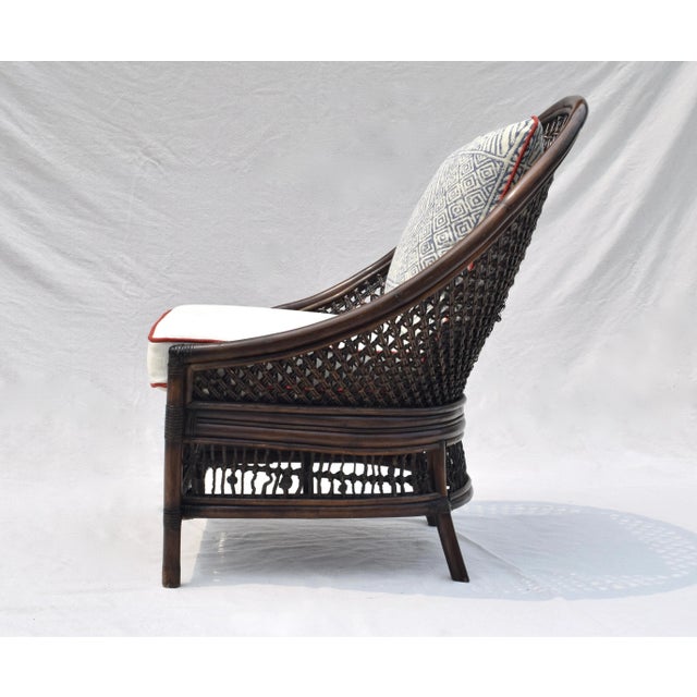 Burnt Umber Vintage Rattan Curved Back Chair Attributed to Palecek, Blue & White, 1990s For Sale - Image 8 of 13