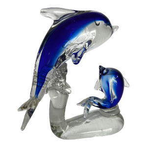 1970s Art Glass Sculpture of Two Dolphins in Murano Style