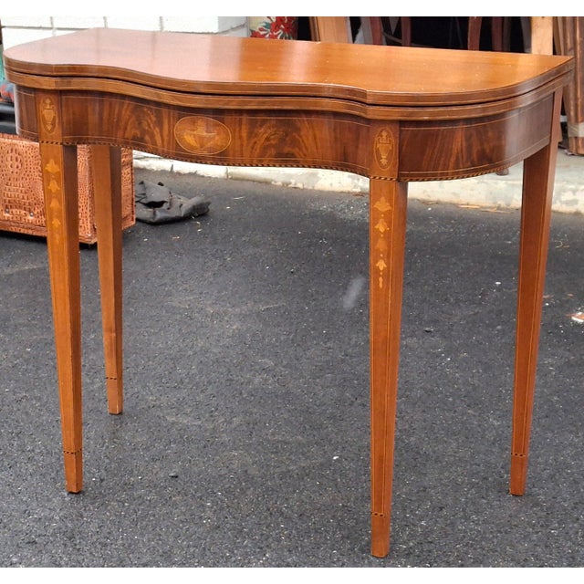 Pair of 19th Century Federal Satinwood Inlaid Mahogany Fold Top Card or Console Tables For Sale - Image 4 of 15