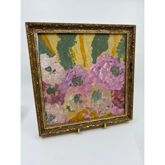 Vintage floral abstract acrylic artwork. This piece has been framed in a gold gilt wooden frame. The frame it’self is a...