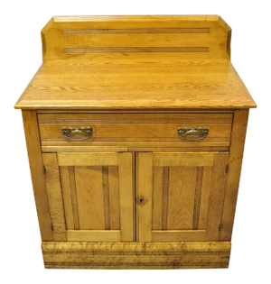 Antique Eastlake Victorian Golden Oak Washstand Commode Cabinet With Backsplash