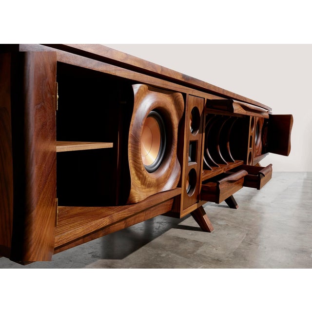 Wood Wave Stereo Console in Walnut With Inset Epoxy Top by Michael Maximo For Sale - Image 7 of 11