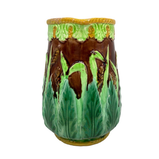 English George Jones Majolica Wheat Pitcher With Green Acanthus Leaves, Ca. 1875 For Sale - Image 3 of 13