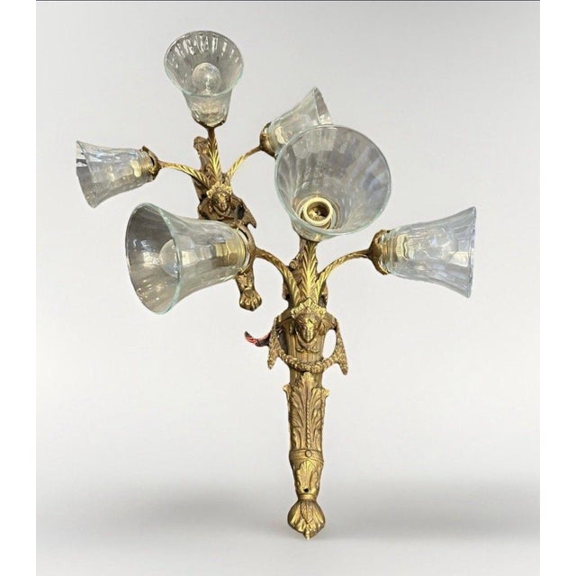 Vintage Neoclassical Gilt Brass Figural Three-Light Wall Sconces - a Pair For Sale - Image 11 of 12