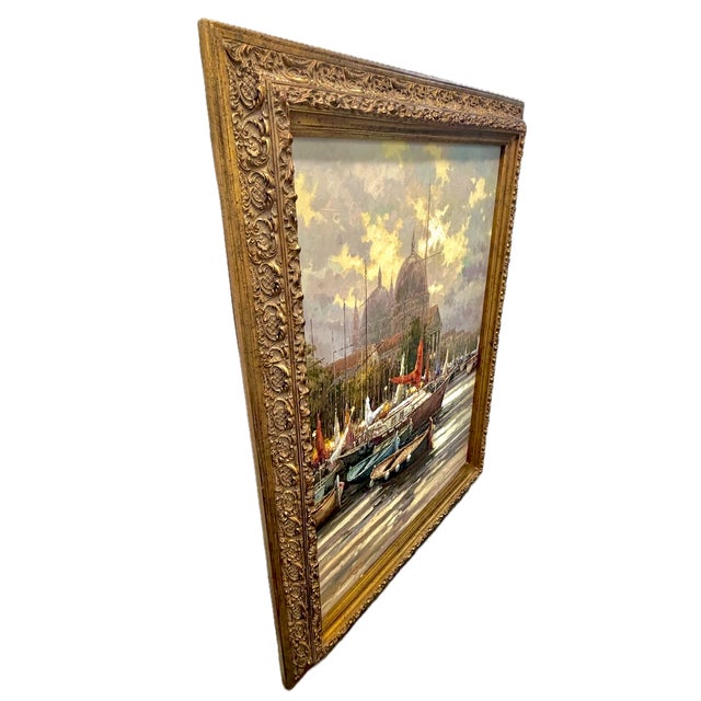 Large vintage signed and framed harbor scene oil painting in a carved acanthus leaf frieze ornate gilt-wood frame. Depicts...