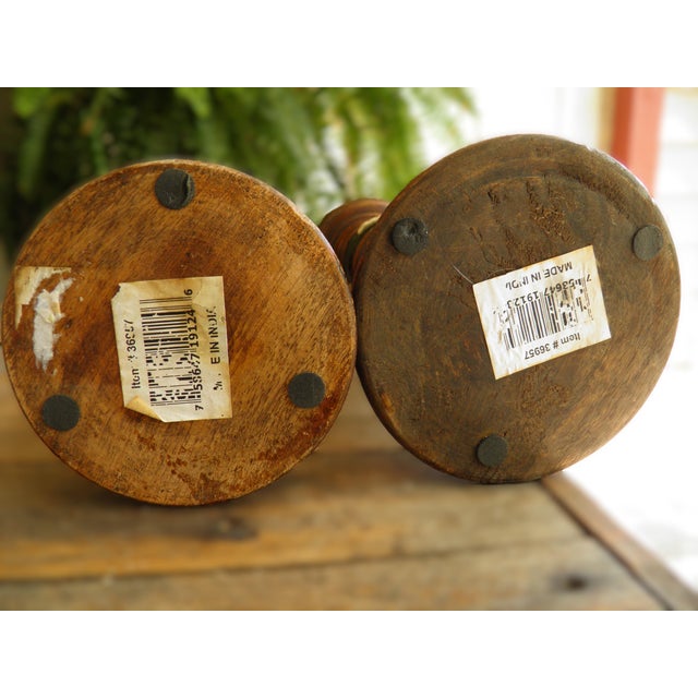 Wood VTG Wooden Pillar Candle Holders Dark Brown Turned Wood Spindle Set of 2 For Sale - Image 7 of 7