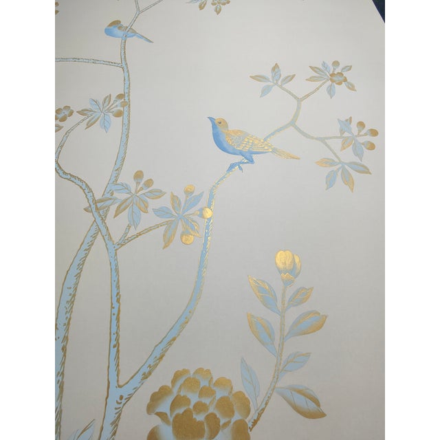 Chinoiserie Pale Blue Chinoiserie Mural | 10-Panel Hand-Painted Floral & Bird Wallpaper For Sale - Image 3 of 6