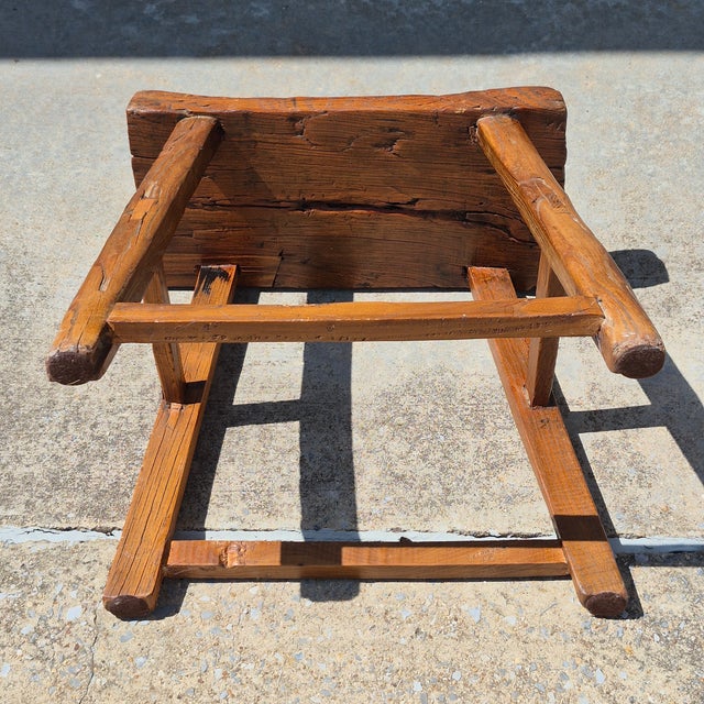 Brown Vintage Rustic Asian Hand-Hewn Elm Wood Saddle Seat Low Stool For Sale - Image 8 of 10