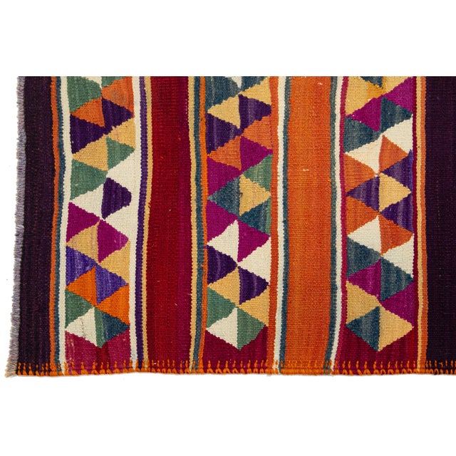 Burnt Orange Vintage Flatweave Turkish Kilim Wool Rug With Multicolor Geometric Design For Sale - Image 8 of 11