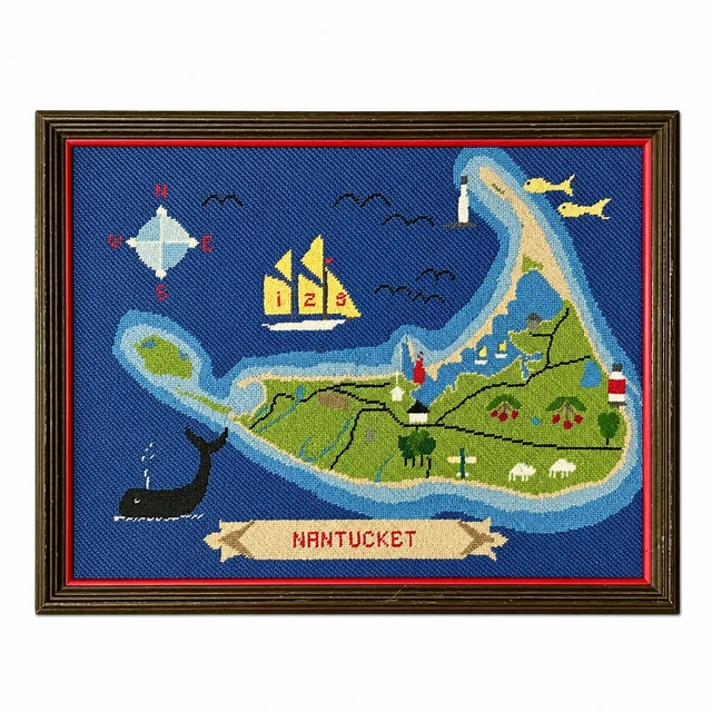 Vintage Nantucket Island Needlepoint Map Framed Coastal Wall Art For Sale In Washington DC - Image 6 of 12