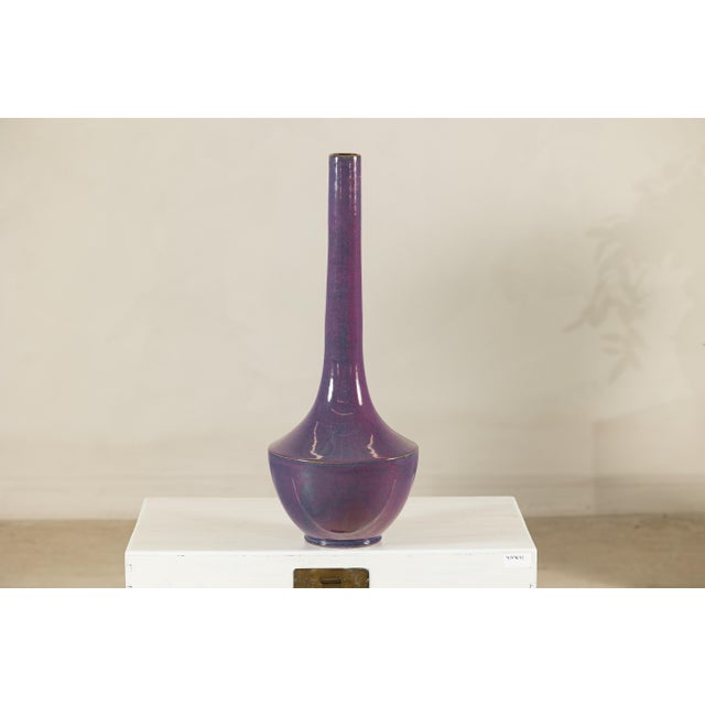 Late 20th Century Tall Artisan Ceramic Vase with Purple Glaze and Slender Neck For Sale - Image 5 of 18