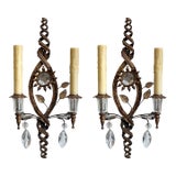 Pair of 19th Century Iron and Crystal Sconces For Sale