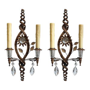 Pair of 19th Century Iron and Crystal Sconces