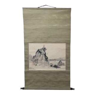 Vintage Japanese Hanging Scroll Ink Landscape With Mountains, Sea, and Sailing Boats For Sale