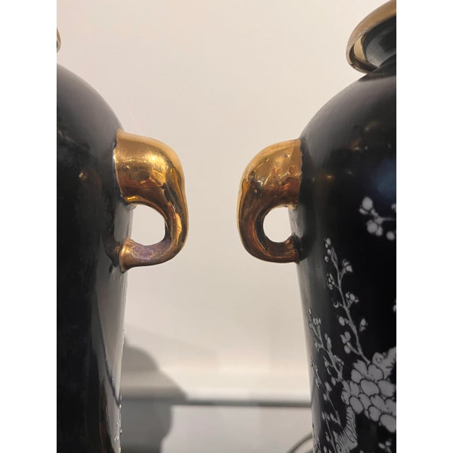 Wood 1970s Chinoiserie Black and White Cherry Blossom Tall Lamps With Gold Elephant Head Rings - A Pair For Sale - Image 7 of 11