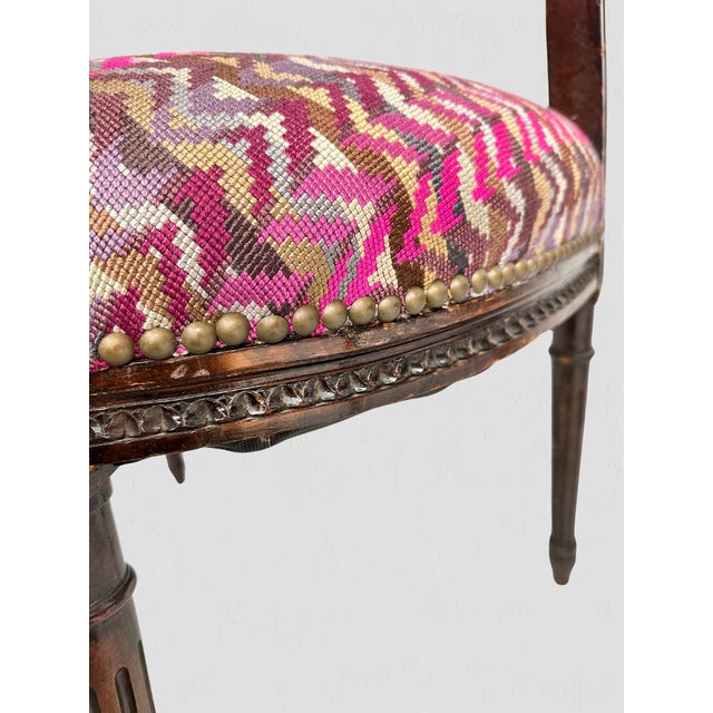French Mahogany Square Back Chair Pair Pink Velvet Magenta Purple Petit Point For Sale - Image 14 of 17