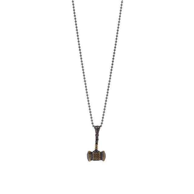 Contemporary Viking Thor Hammer Sterling Silver & Gold Pendant Necklace For Sale - Image 3 of 9