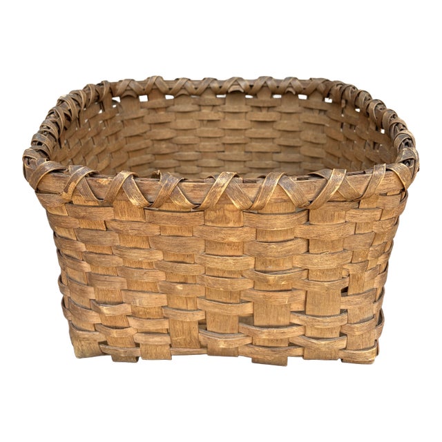 Antique American Splint Oak Square Basket, Late 19th Century For Sale