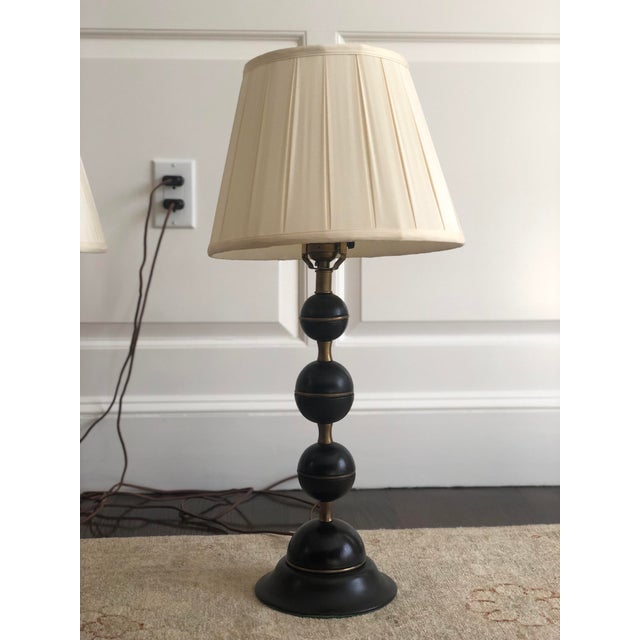 2000 - 2009 Brass and Wooden Stacked Ball Table Lamps - a Pair For Sale - Image 5 of 12