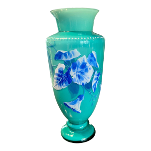Antique Uranium Harrach Bohemian Hand Enameled Vase-Teal-Aqua-Turquoise-Glass