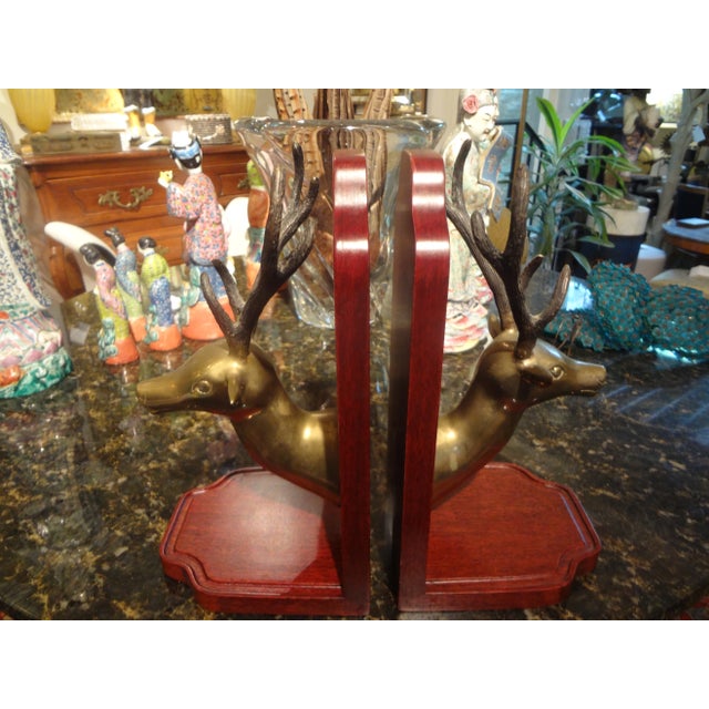 Brass Vintage Brass and Wood Stag Bookends-A Pair For Sale - Image 8 of 9