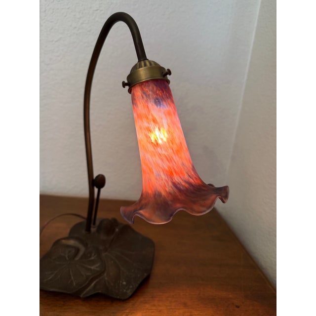 1980s Tulip Shaped Glass Lamp With Lilypad Metal Base For Sale In Dallas - Image 6 of 7