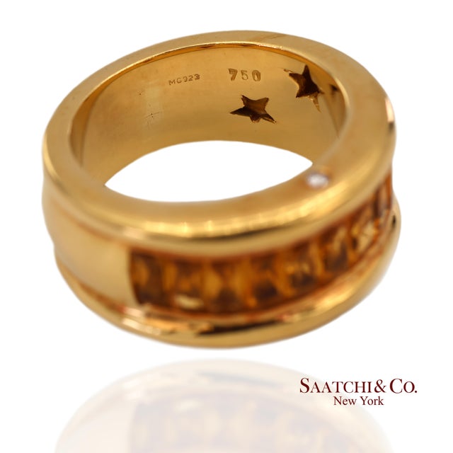 Metal 18k(750) Solid Yellow Gold Natural Diamond and Citrine Wide Band Ring, Size 7 For Sale - Image 7 of 13