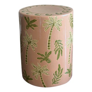Made Goods Tropical Palm Ceramic Garden Stool in Blush & Green Gloss Glaze Indoor Outdoor Side Table For Sale