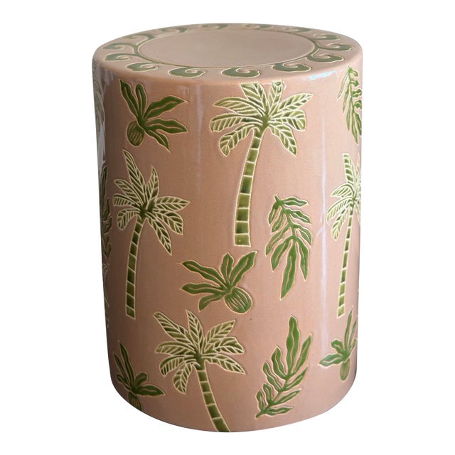 Made Goods Tropical Palm Ceramic Garden Stool in Blush & Green Gloss Glaze Indoor Outdoor Side Table For Sale